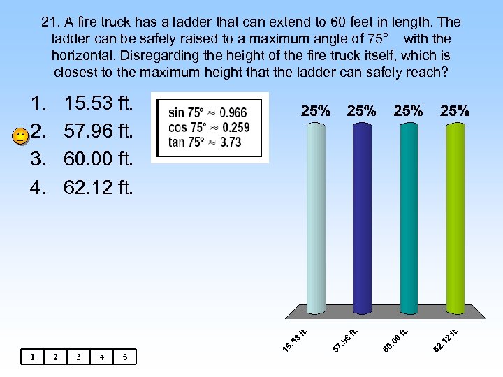 21. A fire truck has a ladder that can extend to 60 feet in