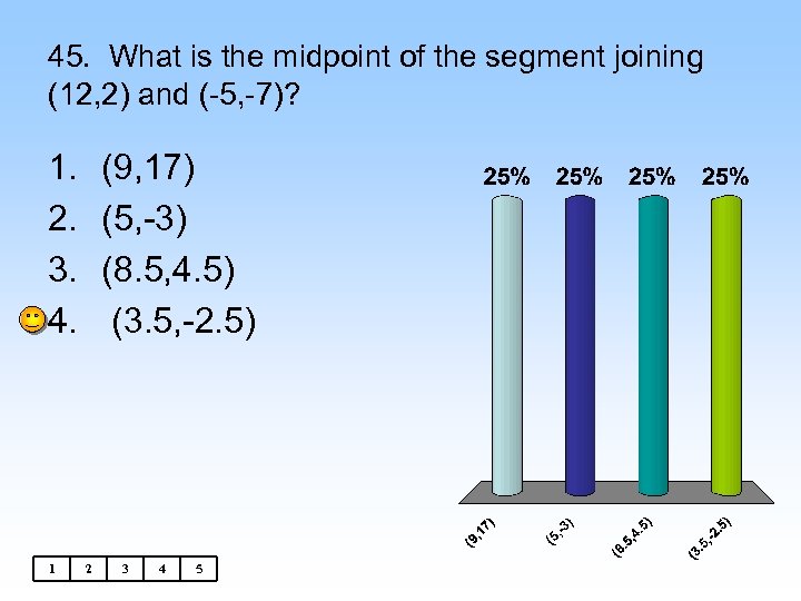 45. What is the midpoint of the segment joining (12, 2) and (-5, -7)?