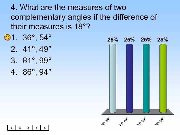 4. What are the measures of two complementary angles if the difference of their