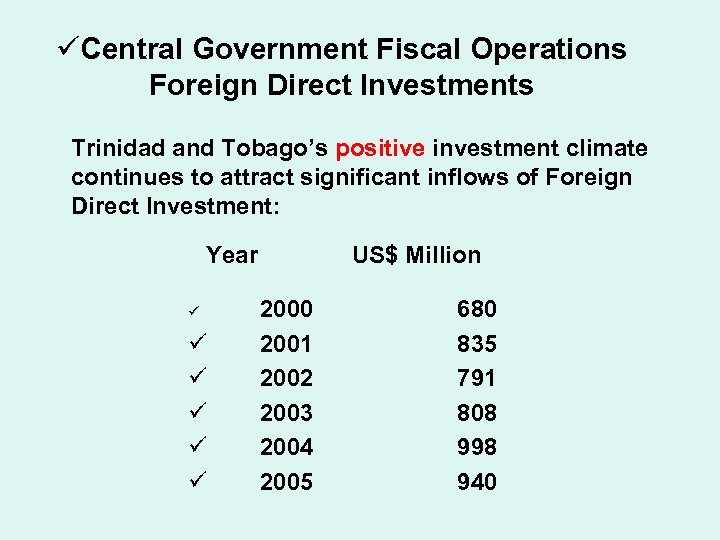 üCentral Government Fiscal Operations Foreign Direct Investments Trinidad and Tobago’s positive investment climate continues