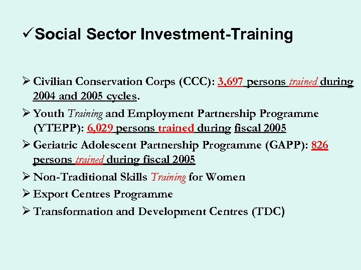 üSocial Sector Investment-Training Ø Civilian Conservation Corps (CCC): 3, 697 persons trained during 2004
