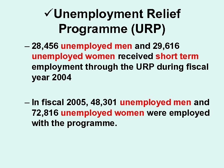 üUnemployment Relief Programme (URP) – 28, 456 unemployed men and 29, 616 unemployed women