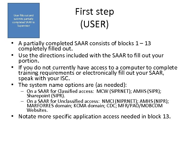 User fills out and submits partially completed SAAR to Supervisor First step (USER) •