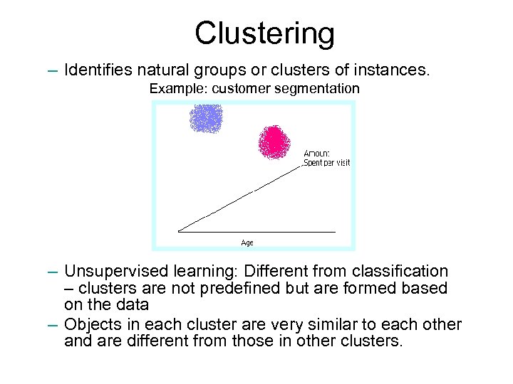 Clustering – Identifies natural groups or clusters of instances. Example: customer segmentation – Unsupervised