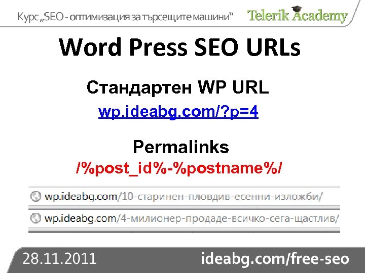 Word Press SEO URLs Стандартен WP URL wp. ideabg. com/? p=4 Permalinks /%post_id%-%postname%/ 