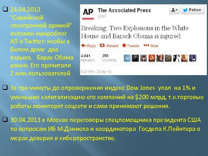 q 24. 04. 2013 "Сирийской электронной армией" взломан микроблог АП в Twitter: якобы в