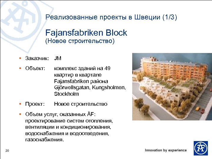 Реализованные проекты в Швеции (1/3) Fajansfabriken Block (Новое строительство) § Заказчик: JM § Объект: