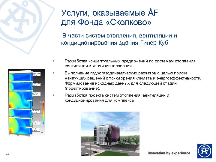 Услуги, оказываемые ÅF для Фонда «Сколково» В части систем отопления, вентиляции и кондиционирования здания