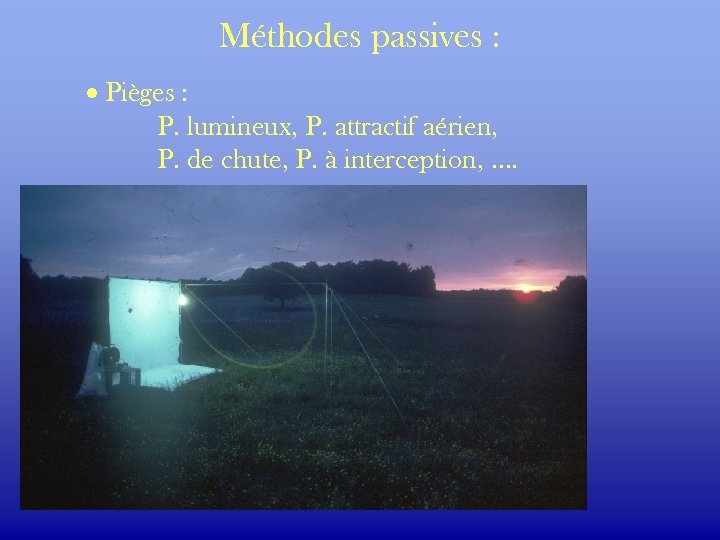 Méthodes passives : · Pièges : P. lumineux, P. attractif aérien, P. de chute,