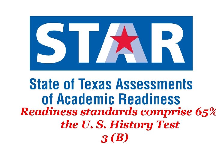 Readiness standards comprise 65% the U. S. History Test 3 (B) 