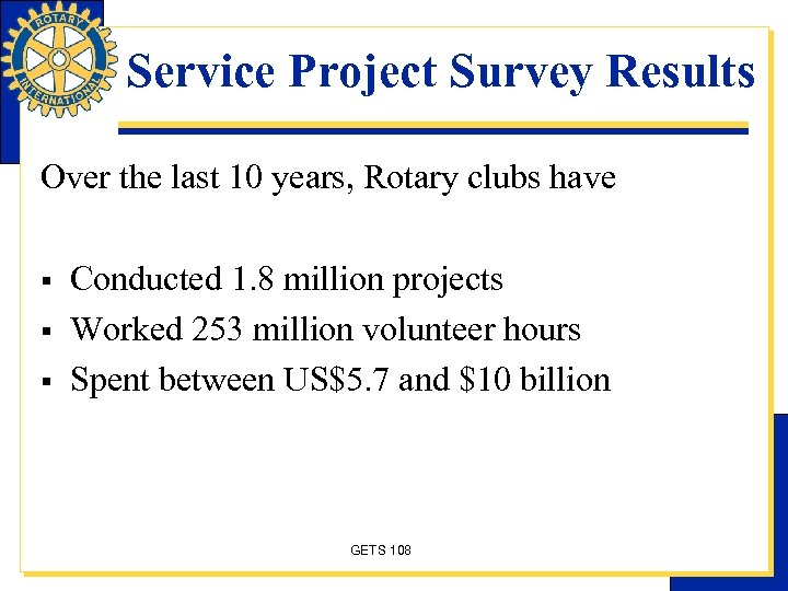 Service Project Survey Results Over the last 10 years, Rotary clubs have § §