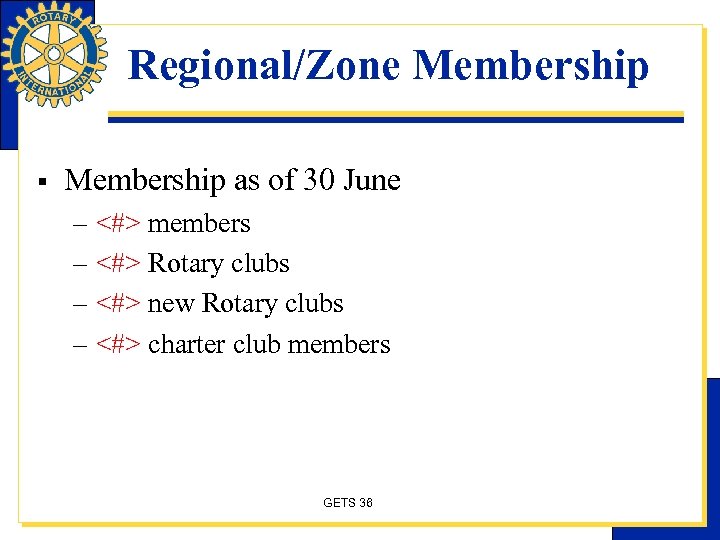 Regional/Zone Membership § Membership as of 30 June – <#> members – <#> Rotary