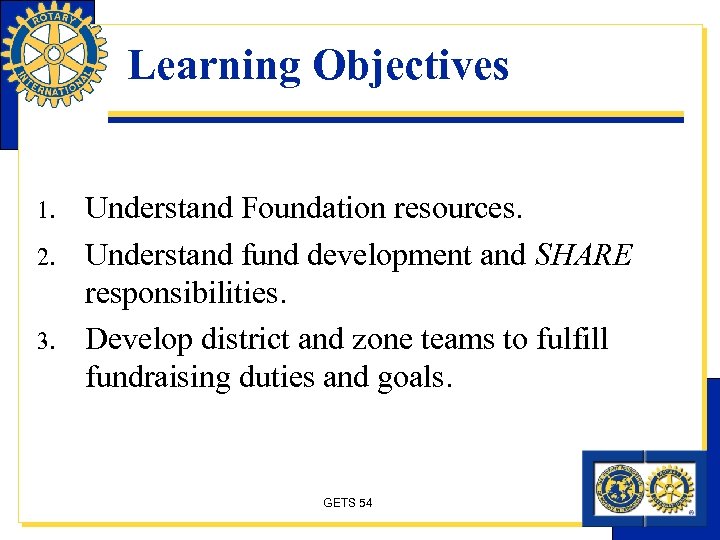 Learning Objectives 1. 2. 3. Understand Foundation resources. Understand fund development and SHARE responsibilities.