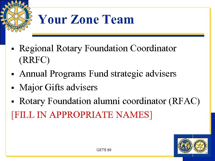 Your Zone Team Regional Rotary Foundation Coordinator (RRFC) § Annual Programs Fund strategic advisers