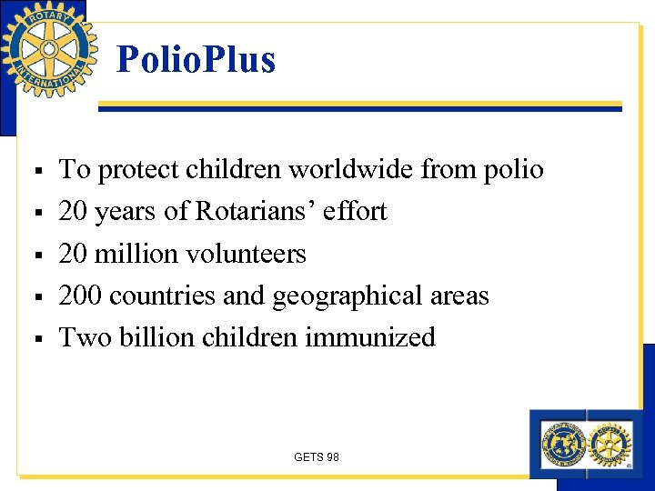 Polio. Plus § § § To protect children worldwide from polio 20 years of