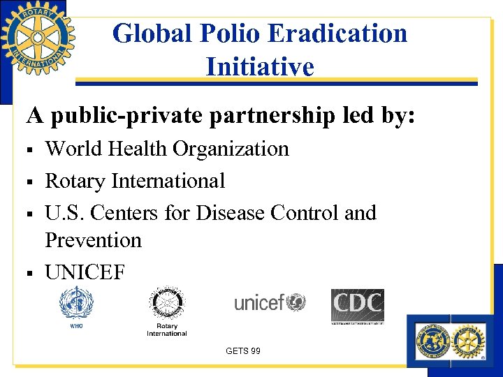 Global Polio Eradication Initiative A public-private partnership led by: § § World Health Organization