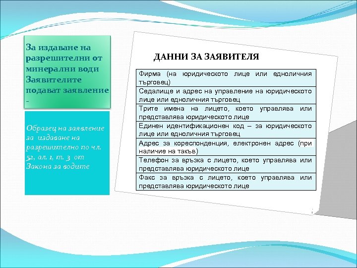 За издаване на разрешителни от минерални води Заявителите подават заявление Образец на заявление за