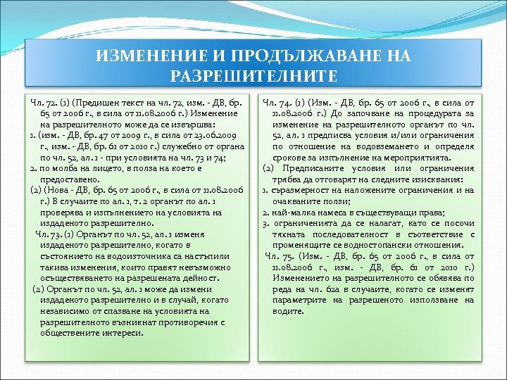 ИЗМЕНЕНИЕ И ПРОДЪЛЖАВАНЕ НА РАЗРЕШИТЕЛНИТЕ Чл. 72. (1) (Предишен текст на чл. 72, изм.