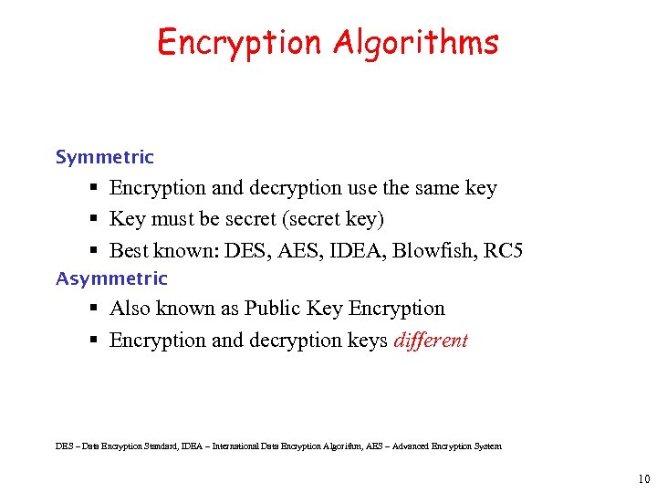 Encryption Algorithms Symmetric § Encryption and decryption use the same key § Key must