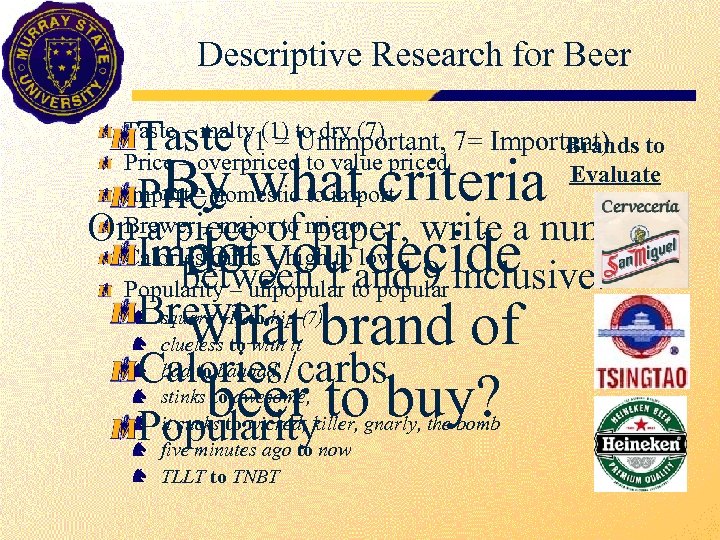 Descriptive Research for Beer Taste By what criteria Price On a piece of paper,