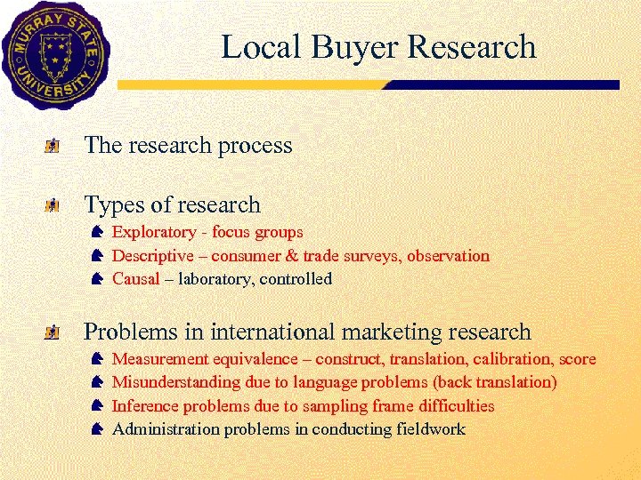 Local Buyer Research The research process Types of research Exploratory - focus groups Descriptive