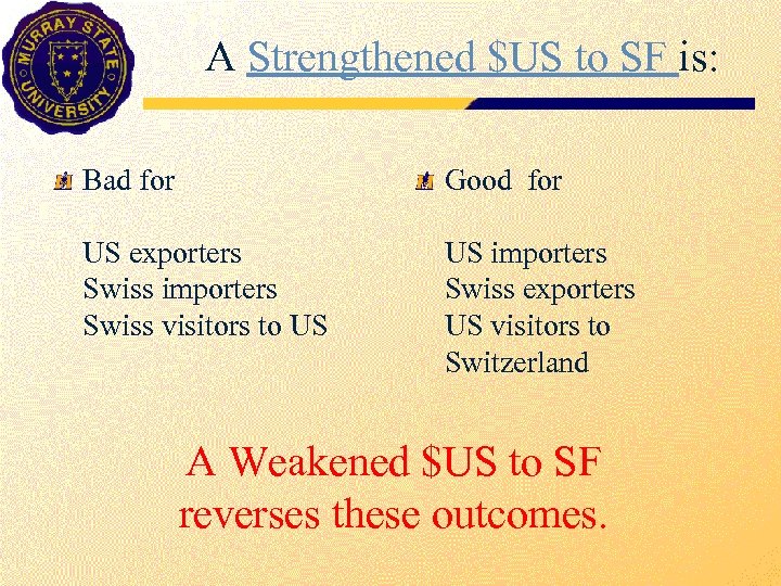 A Strengthened $US to SF is: Bad for Good for US exporters Swiss importers