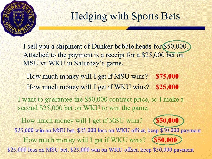 Hedging with Sports Bets I sell you a shipment of Dunker bobble heads for