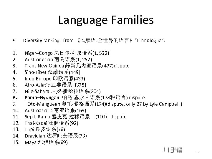 Language Families • Diversity ranking, from 《民族语: 全世界的语言》“Ethnologue”: 1. 2. 3. 4. 5. 6.