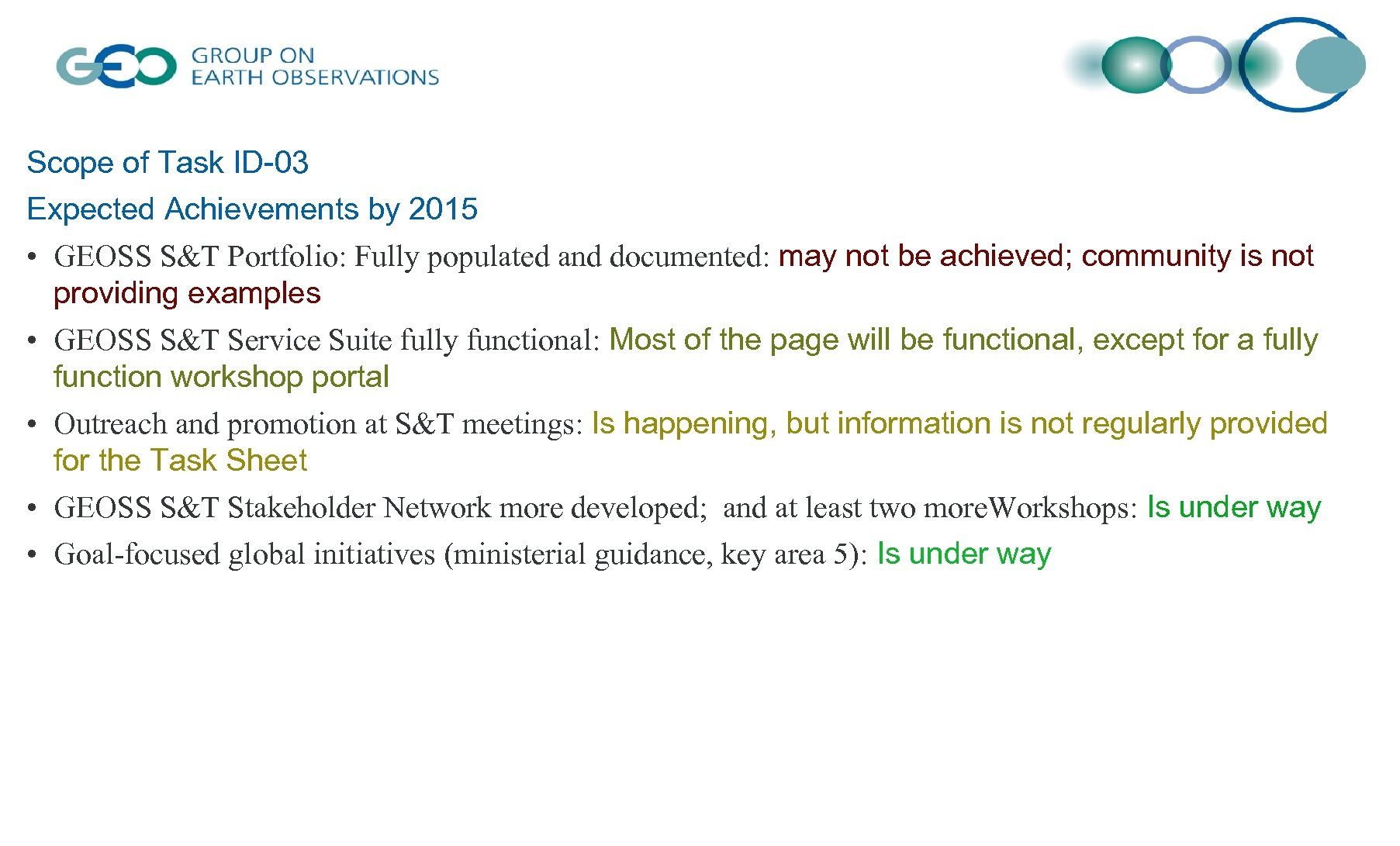 Scope of Task ID-03 Expected Achievements by 2015 • GEOSS S&T Portfolio: Fully populated