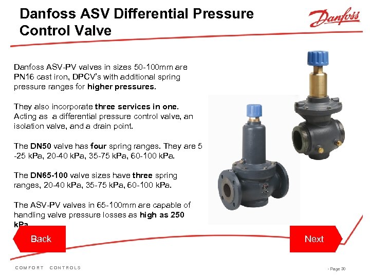 Danfoss ASV Differential Pressure Control Valve Danfoss ASV-PV valves in sizes 50 -100 mm