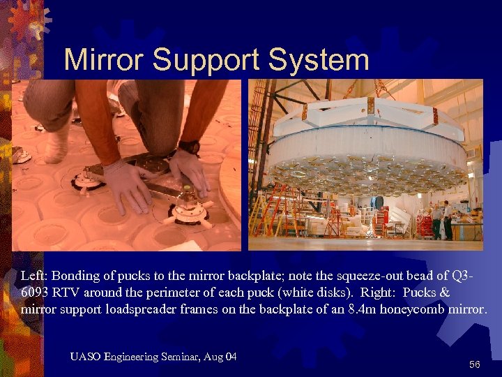 Mirror Support System Left: Bonding of pucks to the mirror backplate; note the squeeze-out