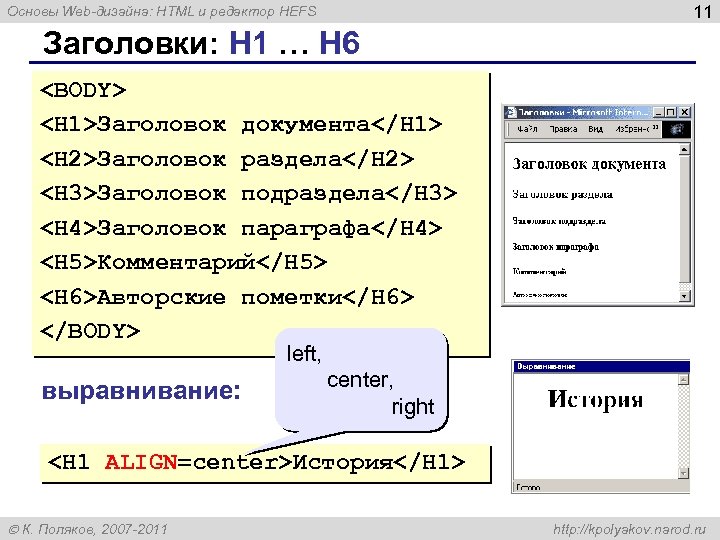 11 Основы Web-дизайна: HTML и редактор HEFS Заголовки: H 1 … H 6 <BODY>