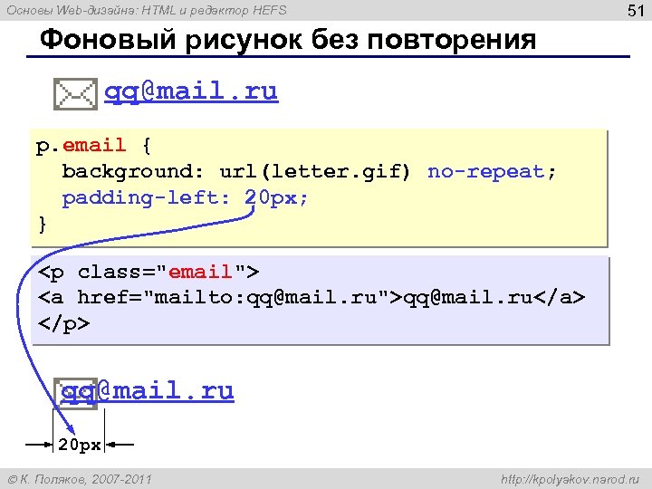 51 Основы Web-дизайна: HTML и редактор HEFS Фоновый рисунок без повторения qq@mail. ru p.