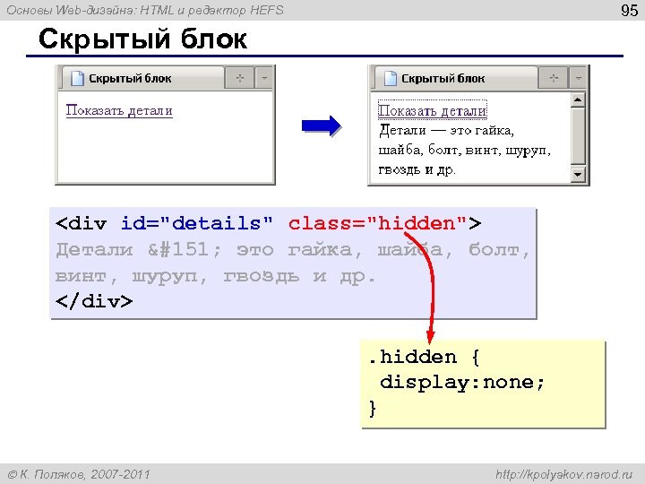 95 Основы Web-дизайна: HTML и редактор HEFS Скрытый блок <div id="details" class="hidden"> Детали —