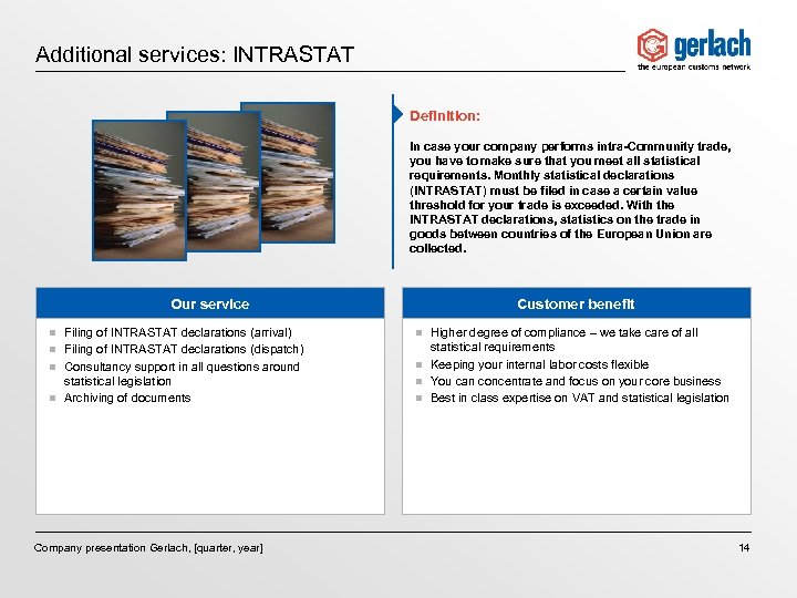 Additional services: INTRASTAT Definition: In case your company performs intra-Community trade, you have to