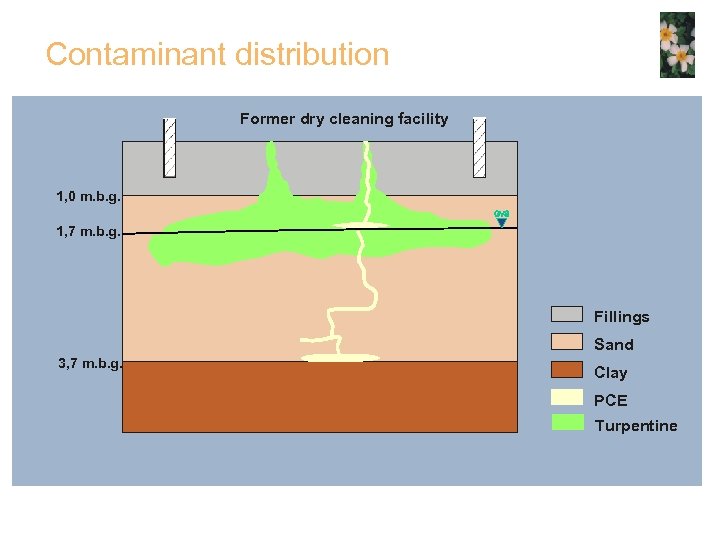 Contaminant distribution Former dry cleaning facility 1, 0 m. b. g. 1, 7 m.