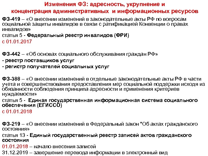 Изменения ФЗ: адресность, укрупнение и концентрация административных и информационных ресурсов ФЗ-419 – «О внесении