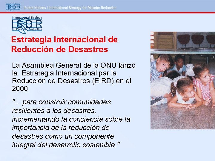 Estrategia Internacional de Reducción de Desastres La Asamblea General de la ONU lanzó la