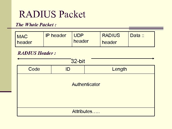 RADIUS Packet The Whole Packet : MAC header IP header UDP header RADIUS Header