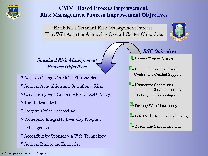 CMMI Based Process Improvement Risk Management Process Improvement Objectives Establish a Standard Risk Management