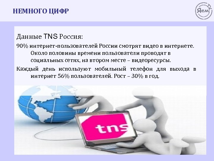 НЕМНОГО ЦИФР Данные TNS Россия: 90% интернет-пользователей России смотрят видео в интернете. Около половины