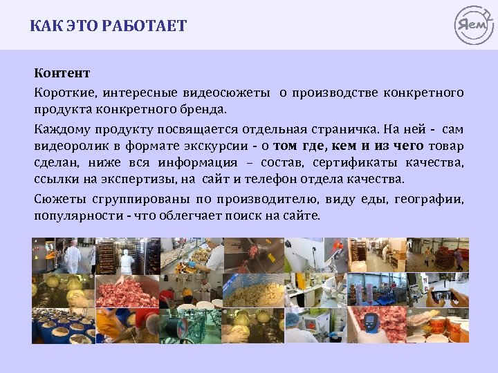 КАК ЭТО РАБОТАЕТ Контент Короткие, интересные видеосюжеты о производстве конкретного продукта конкретного бренда. Каждому