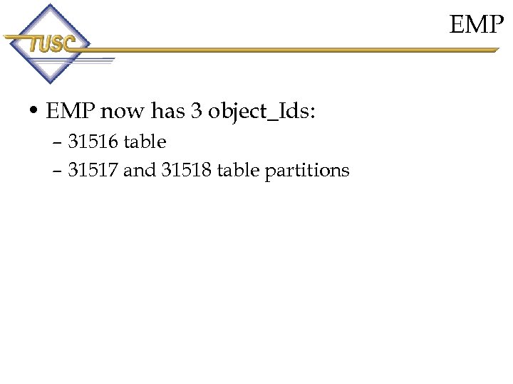 EMP • EMP now has 3 object_Ids: – 31516 table – 31517 and 31518