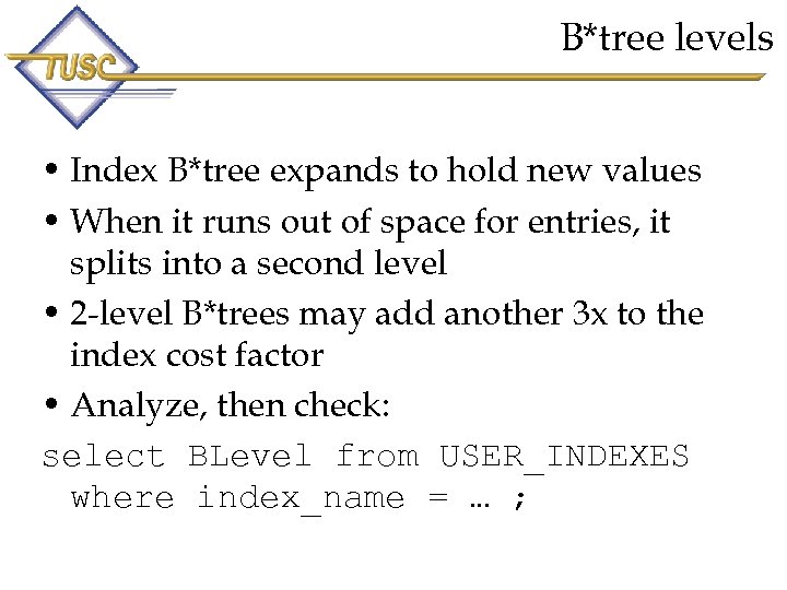 B*tree levels • Index B*tree expands to hold new values • When it runs