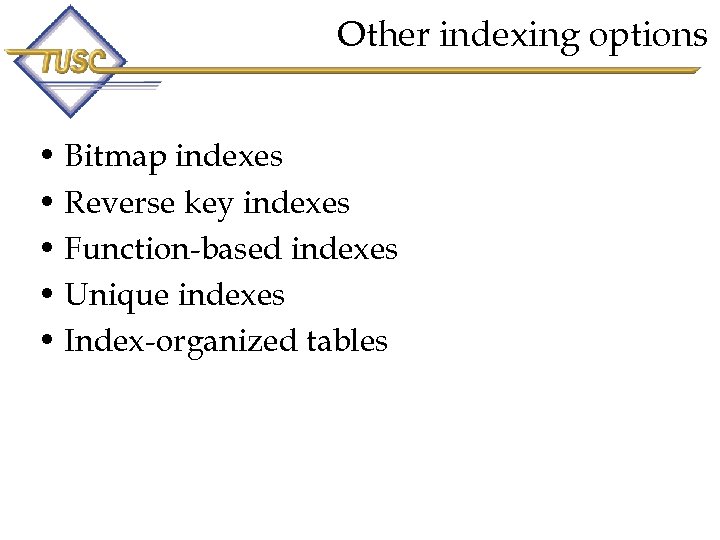 Other indexing options • Bitmap indexes • Reverse key indexes • Function-based indexes •