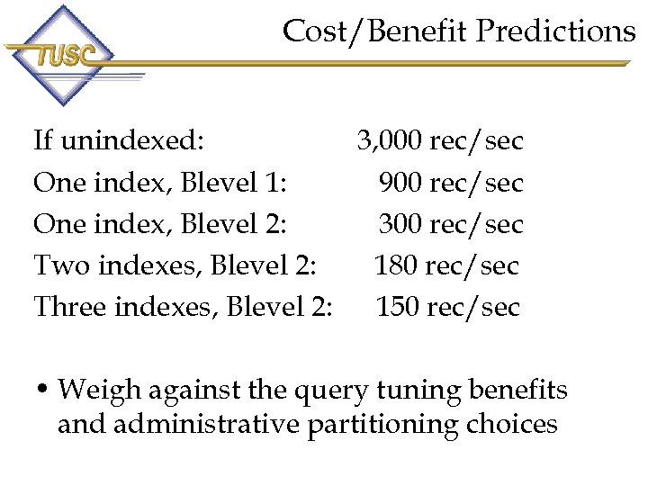 Cost/Benefit Predictions If unindexed: 3, 000 rec/sec One index, Blevel 1: 900 rec/sec One