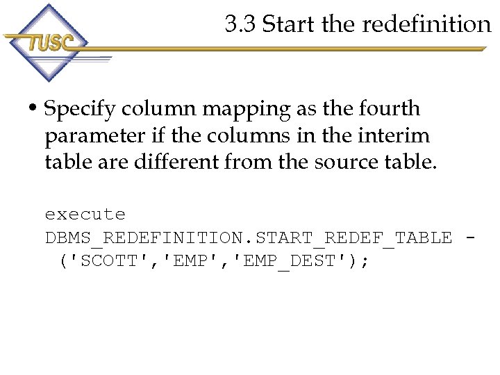 3. 3 Start the redefinition • Specify column mapping as the fourth parameter if