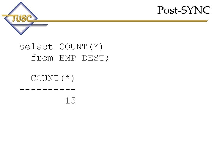 Post-SYNC select COUNT(*) from EMP_DEST; COUNT(*) -----15 85 