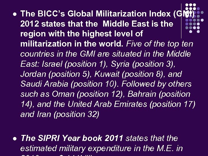 l The BICC’s Global Militarization Index (GMI) 2012 states that the Middle East is