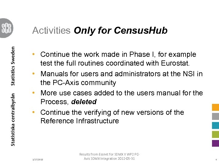 Activities Only for Census. Hub • Continue the work made in Phase I, for